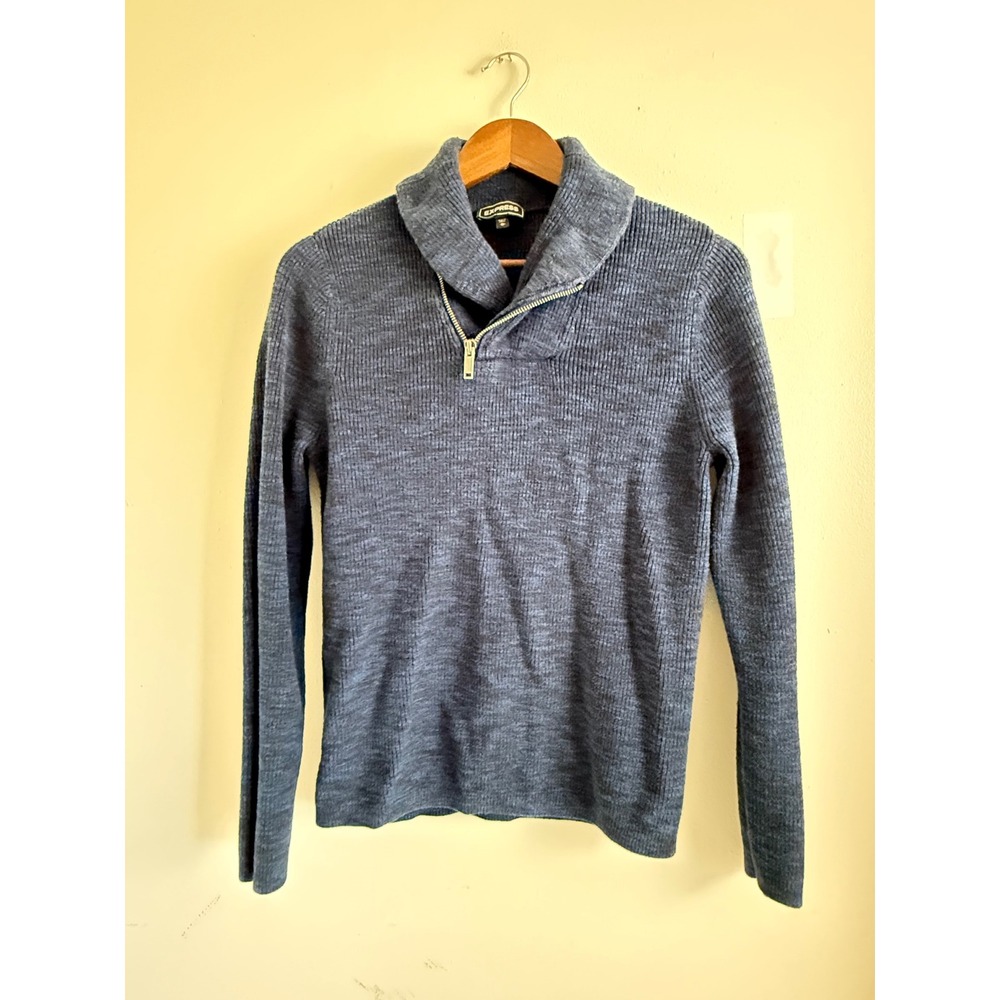 Express Mens Navy Blue Marl Asymmetrical Quarter Zip Shawl Collar Cotton Sweater